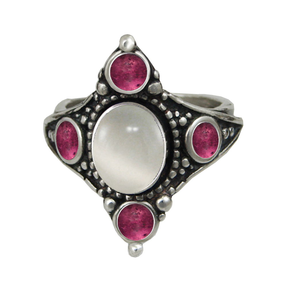 Sterling Silver Renaissance Queen's Ring With White Moonstone And Pink Tourmaline Size 10